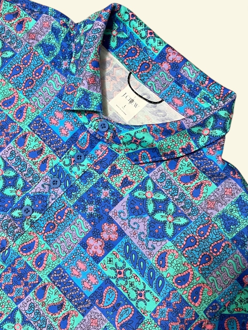 J. Crew Oarsman Performance Polo Shirt Men's Large Patchwork Mosaic Blue Coolmax